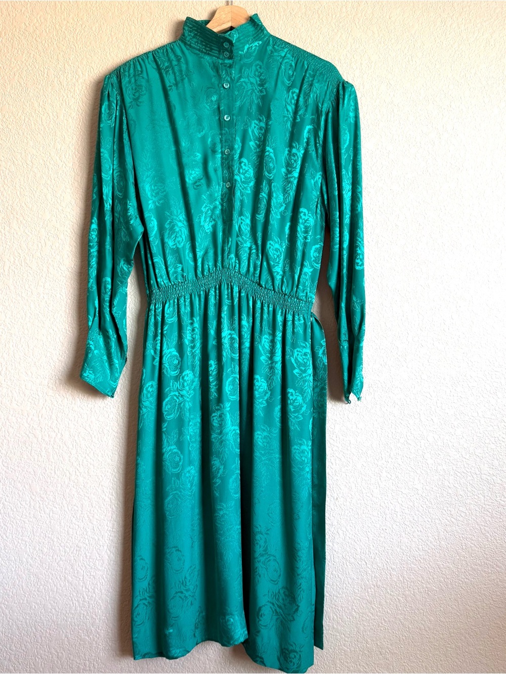 Vintage Silk Studio 100% Silk Teal Floral Jacquard Midi Dress Sz 12 Elastic Wais